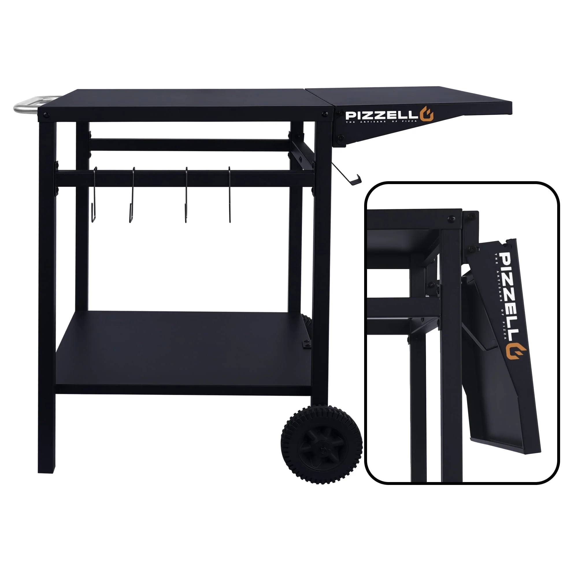 Pizzello Outdoor Grill Pizza Oven Food Prep Bbq Cart Stand Table with Storage Wheels Expandable Countertop, Black