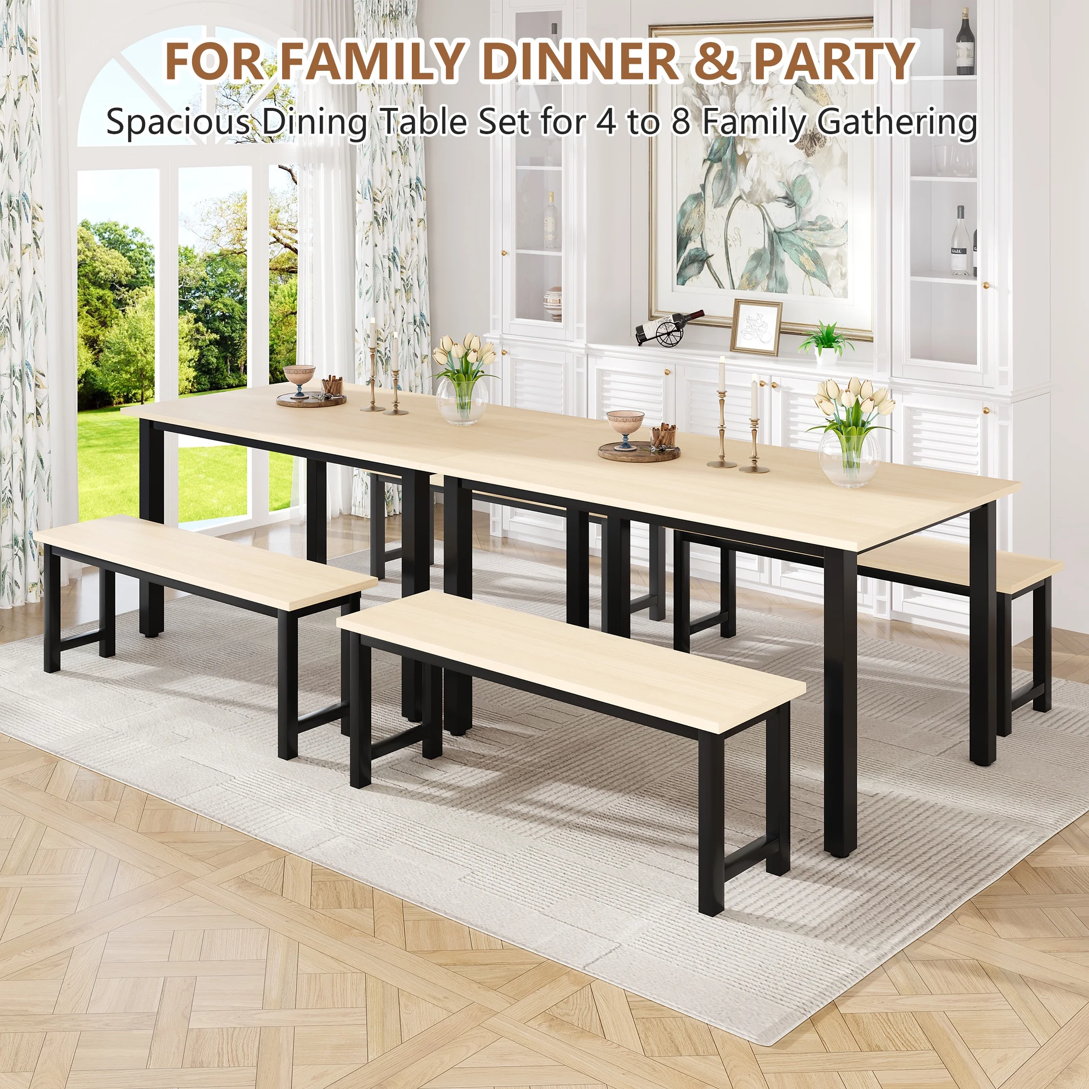 UHOMEPRO Dining Room Table Set, 3-Piece Dining Table Set with 2 Benches, Kitchen Table Set for 4 with Metal Frame, Modern Dining Room Set Furniture Set for Bar Dining Room Breakfast Nook, Black