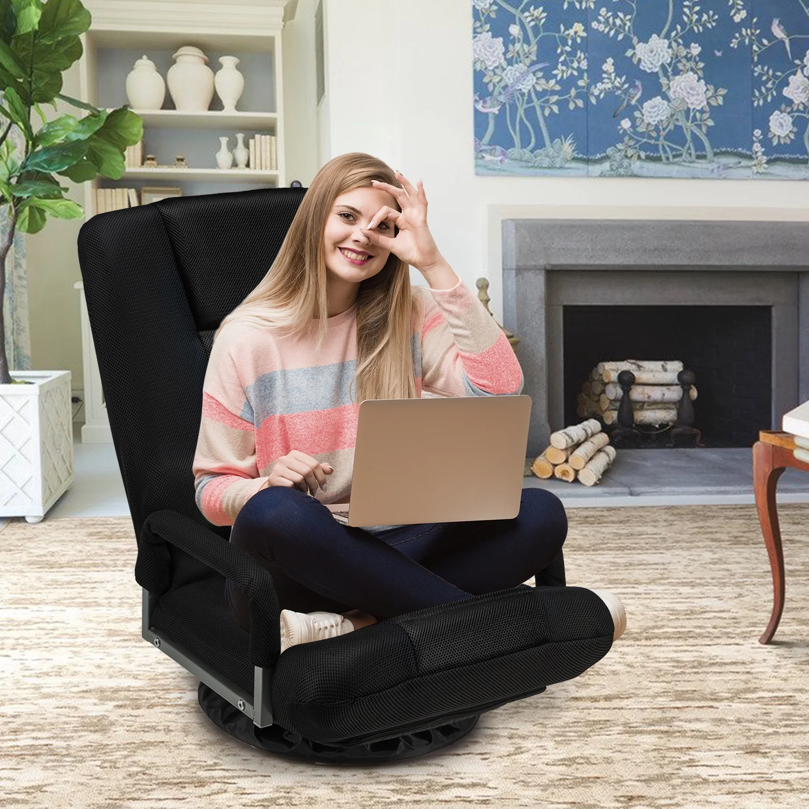 Avocahom Swivel Gaming Floor Chair w/ Armrest Handles, No Assembly gaming chair rocker, Folding Reclining Sofa w/6 Position Adjustable Backrest for Video Games, Watching TV, Reading,Blue