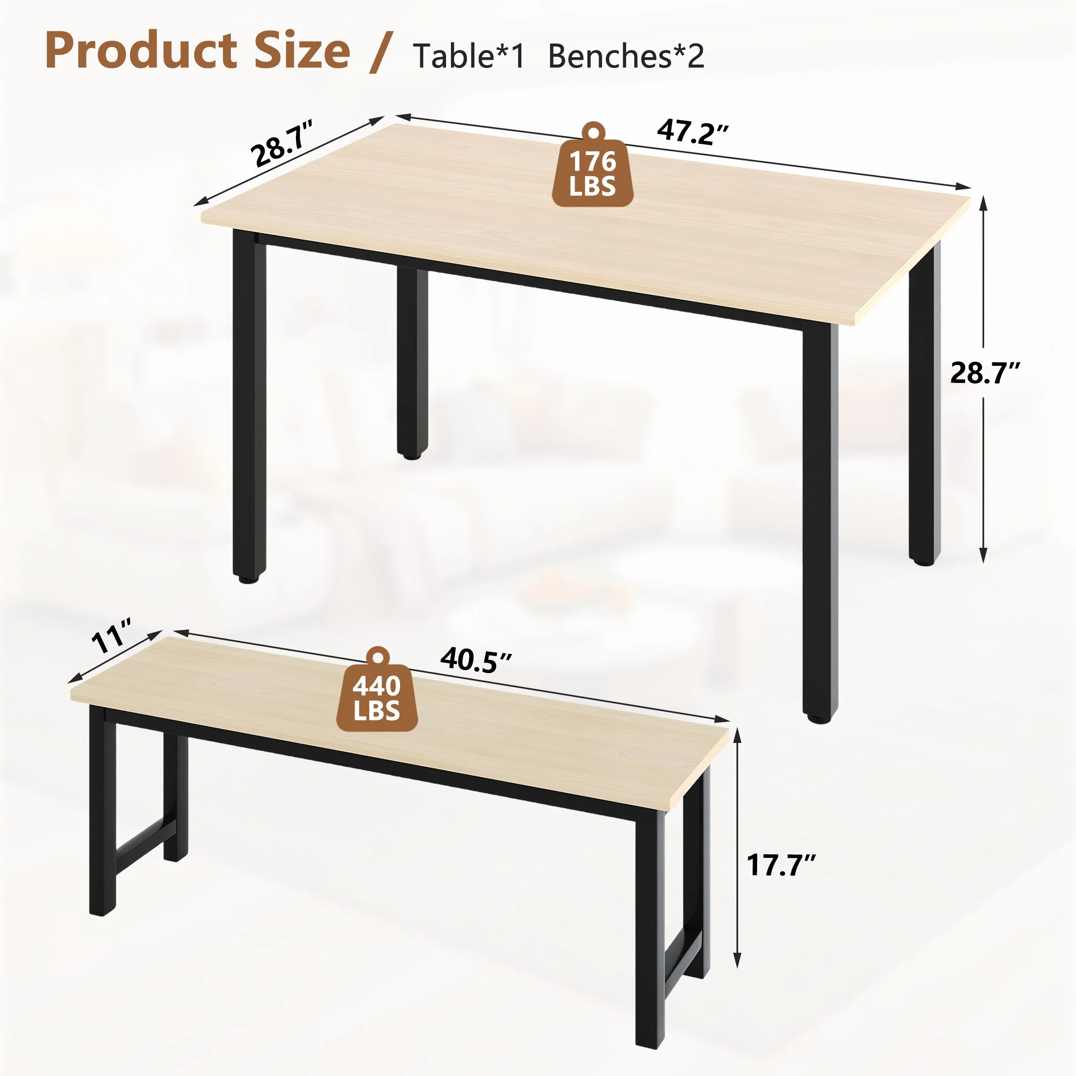 UHOMEPRO Dining Room Table Set, 3-Piece Dining Table Set with 2 Benches, Kitchen Table Set for 4 with Metal Frame, Modern Dining Room Set Furniture Set for Bar Dining Room Breakfast Nook, Black