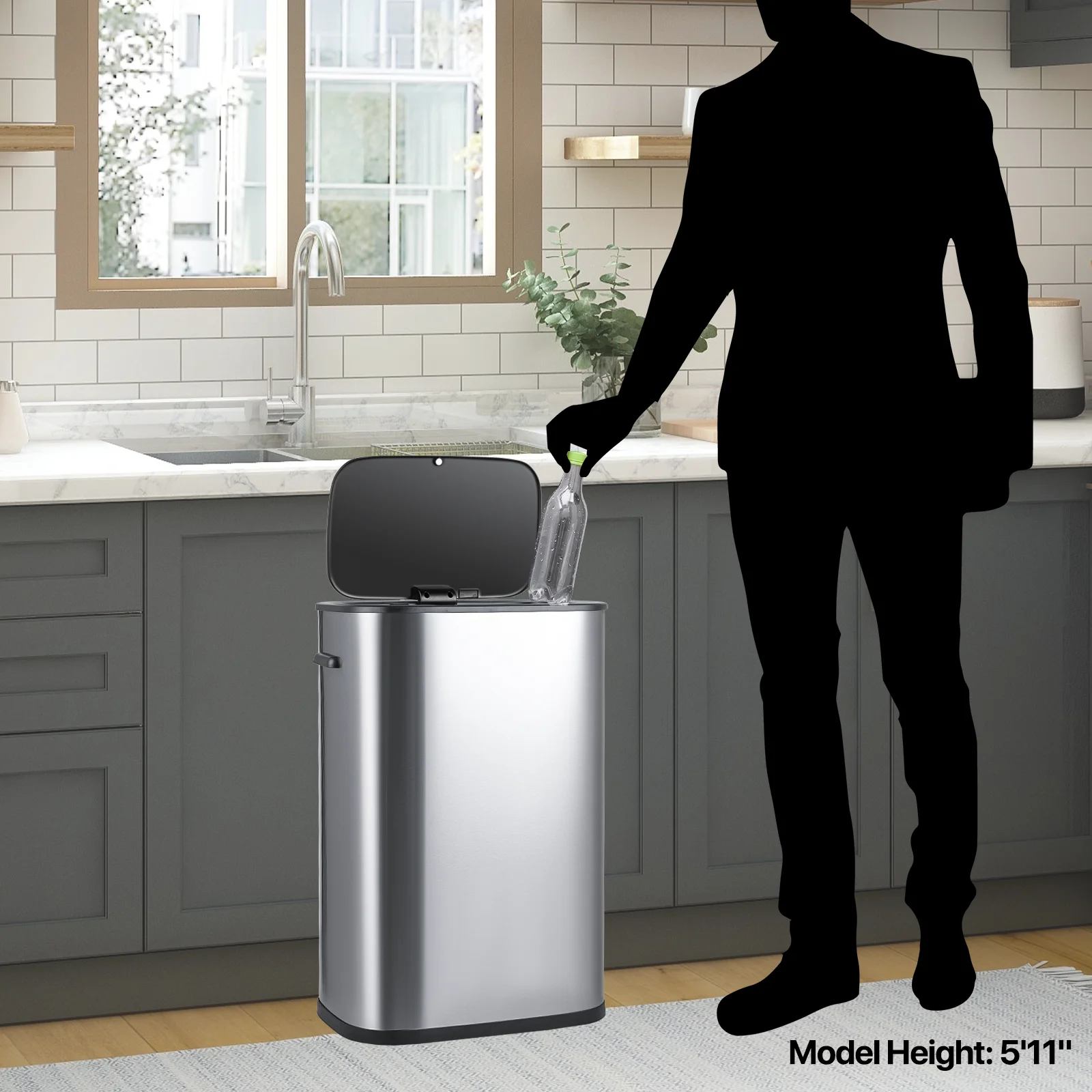 MoNiBloom Kitchen Trash Can 14.5 Gallon Garbage Can Automatic Motion Sensor Waste Bin Touchless Trash Can with Lid for Home Bathroom Office, Silver