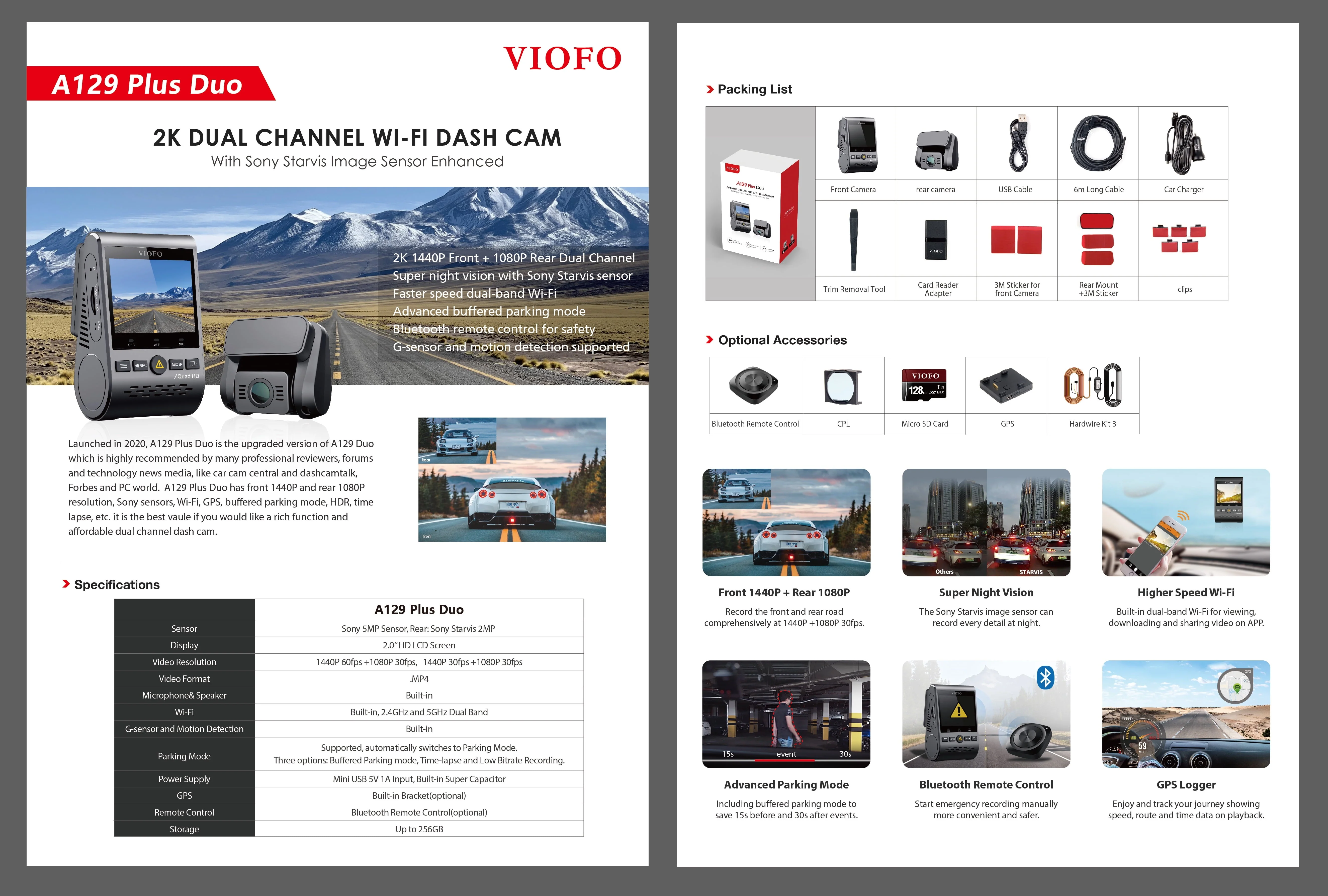 VIOFO Dual Dash Cam, 2K 1440P 60fps+1080P 30fps Front and Rear Dash Camera with Wi-Fi GPS, Parking Mode(A129 Plus Duo)