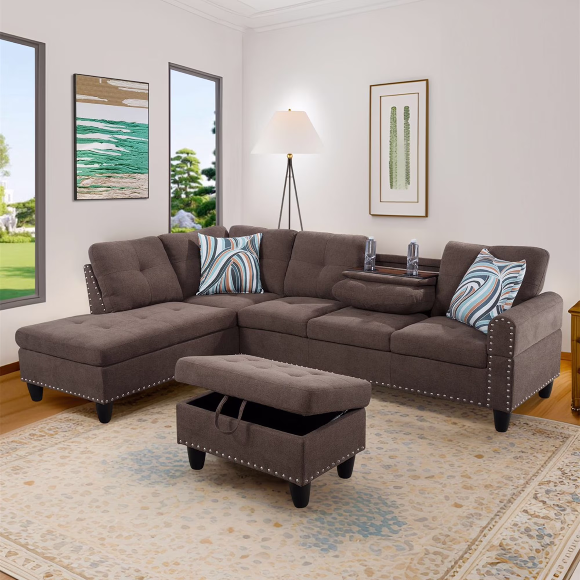 Aukfa 3 Piece Sectional Sofa, Living Room Couch with Storage Ottoman&Cup Holder, Linen, Left Hand, Black Gray