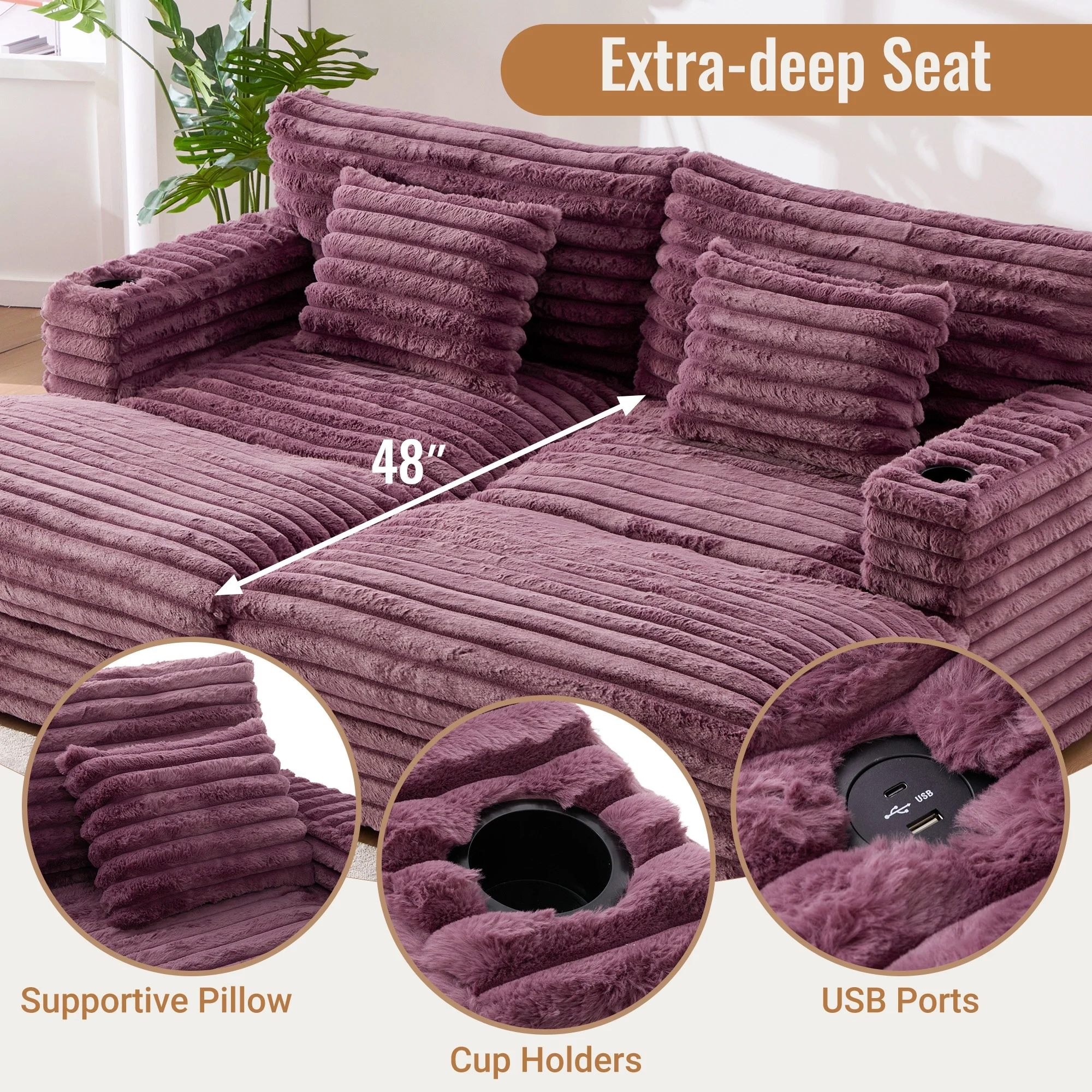 Oversized Double Chaise Lounge, Faux Fur Upholstered Deep Seat Sofa with 2 Pillows, 2 Cupholders, and Dual USB Ports