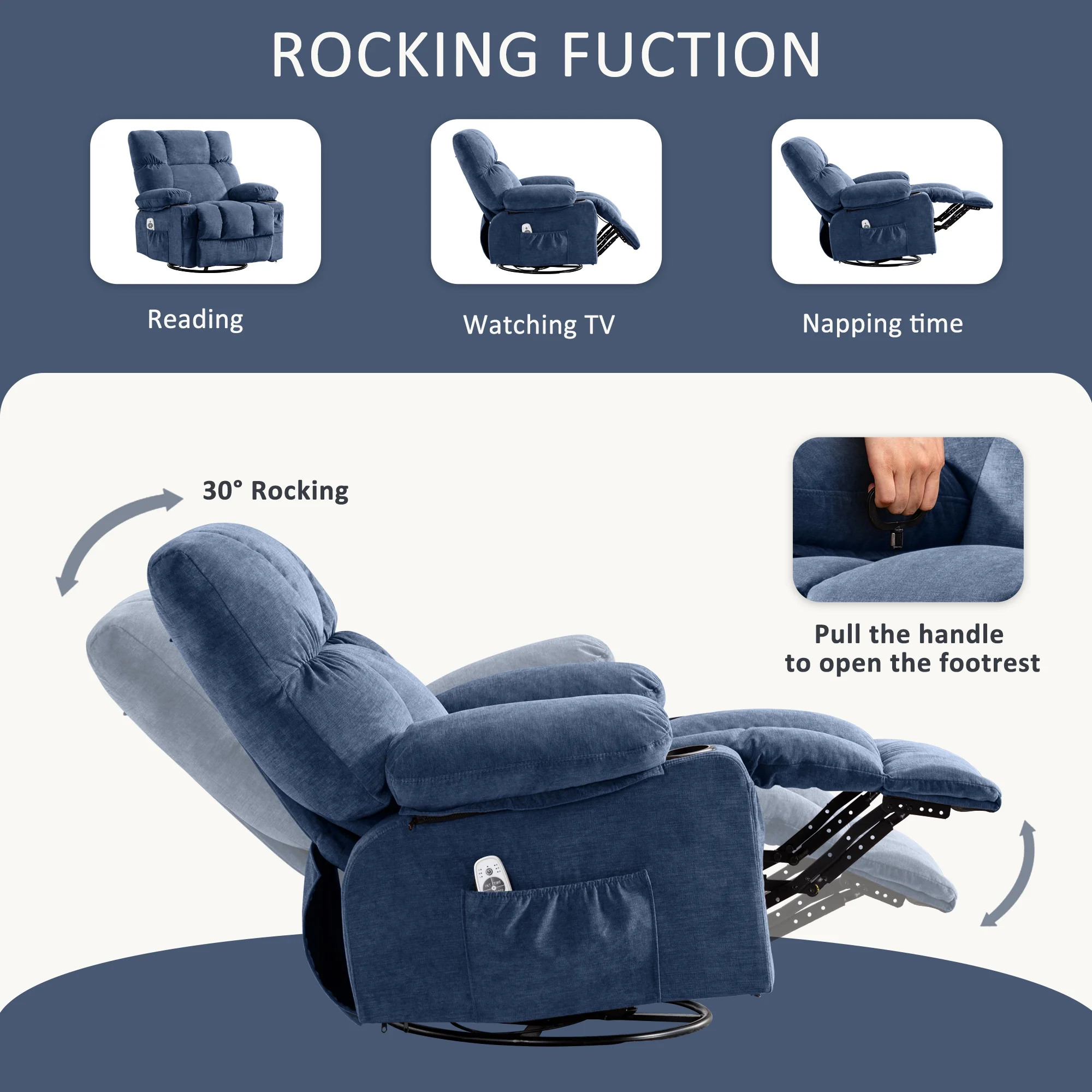 JONPONY Manual Recliner Chair with Heat Therapy and Massage Function, Heavy Duty Reclining Mechanism Massage Chair, Elderly Single Rocker Sofa with Cup Holders for Bedroom Home Theater,Grey