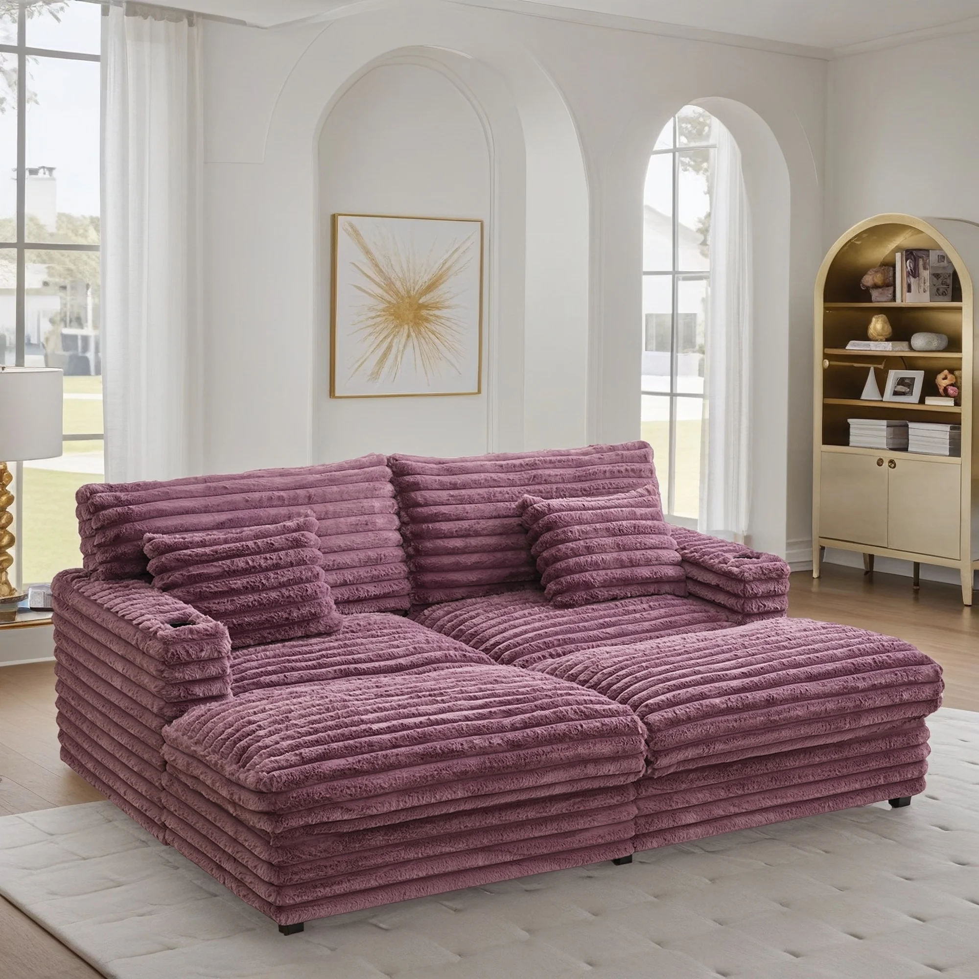 Oversized Double Chaise Lounge, Faux Fur Upholstered Deep Seat Sofa with 2 Pillows, 2 Cupholders, and Dual USB Ports