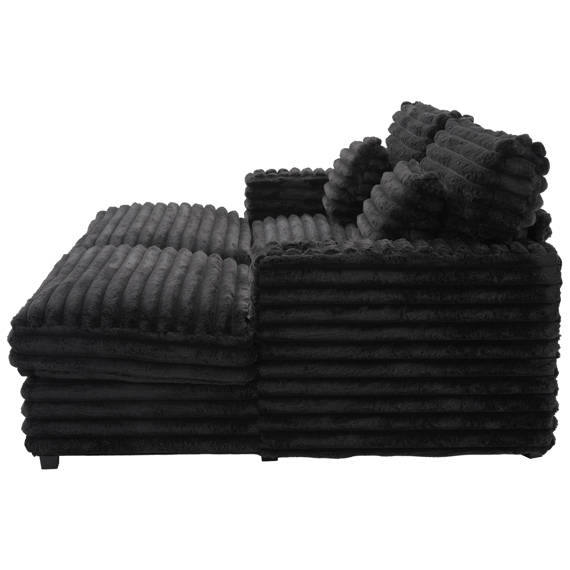 Oversized Double Chaise Lounge, Faux Fur Upholstered Deep Seat Sofa with 2 Pillows, 2 Cupholders, and Dual USB Ports