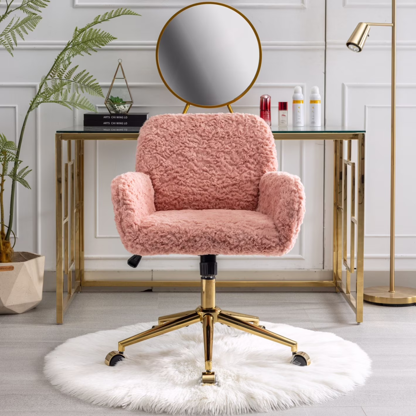 Furniture Office Chair,  Artificial Rabbit Hair Makeup Vanity Chair Chair, 360 Comfy Swivel Armchair with Wheels, Modern Height Adjustable Cute Vanity Chair for Living Room Small Spaces Pink
