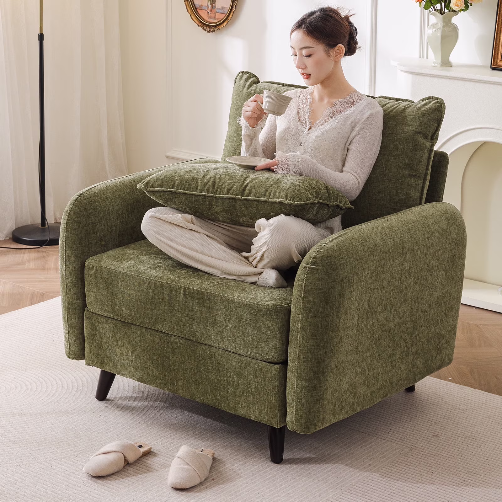 Rexulqo Oversized Accent Chair with All Seats Storage,Comfy Living Room Chairs with 2 Throw Pillow,Upholstered Mid-Century Armchair,24.5'' Deep Seat,Reading Chair For Bedroom ,Office,Chenille,Green