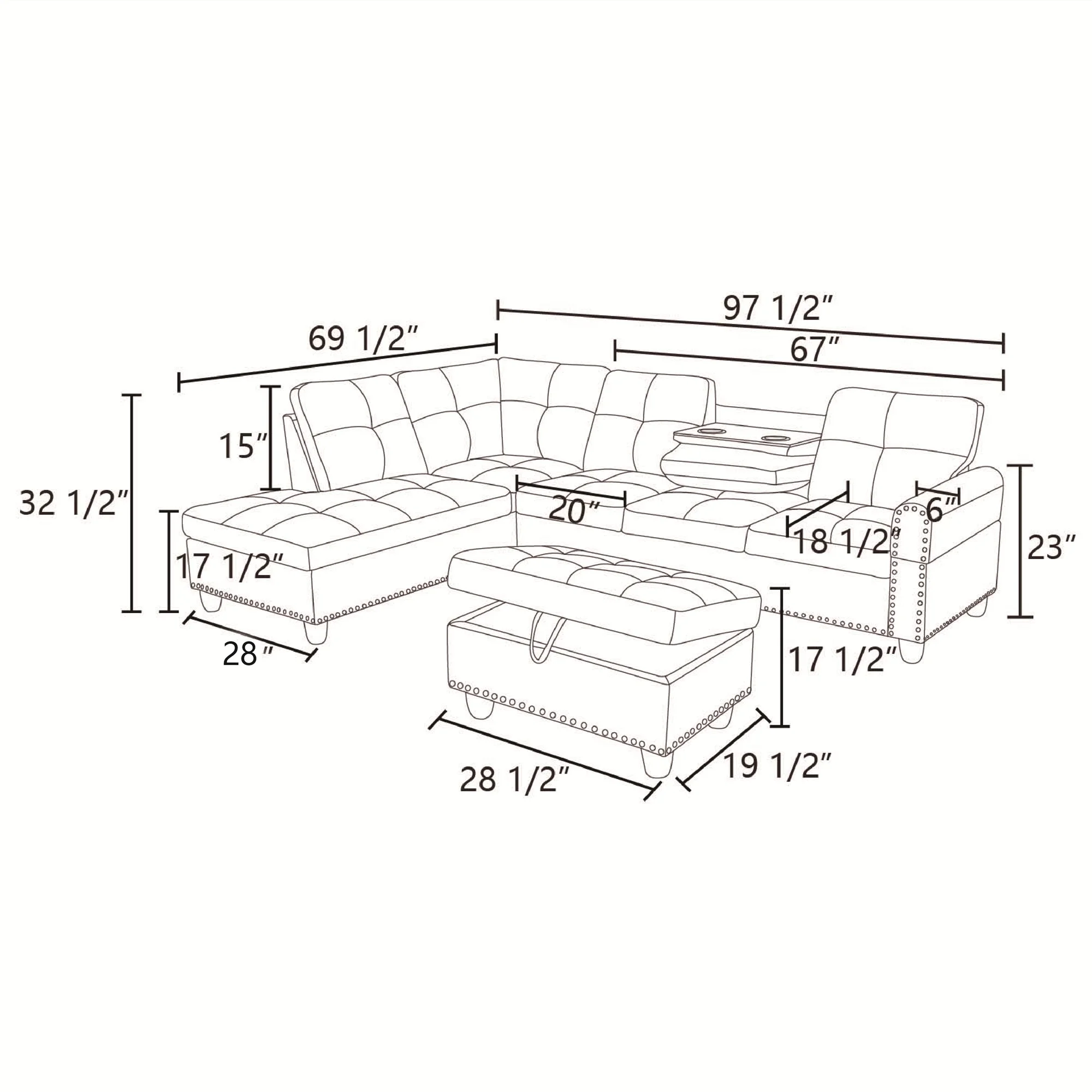 Aukfa 3 Piece Sectional Sofa, Living Room Couch with Storage Ottoman&Cup Holder, Linen, Left Hand, Black Gray