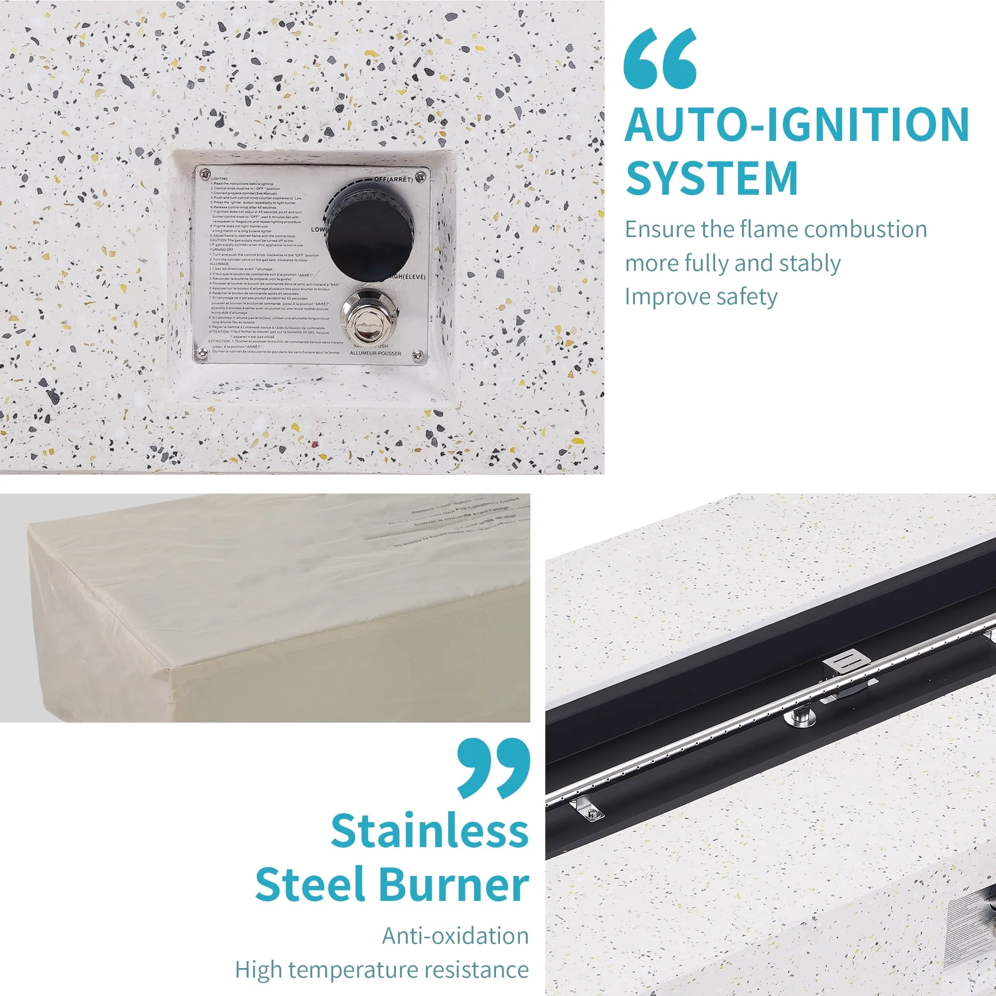 ESSENTIAL LOUNGER 56 inch Concrete Propane Fire Pit Table, 50,000 BTU Outdoor Firepit Rectangular Table for Garden＆Patio, with Propane Tank Metal Stand, Fire Glass Beads and Waterproof Cover, White