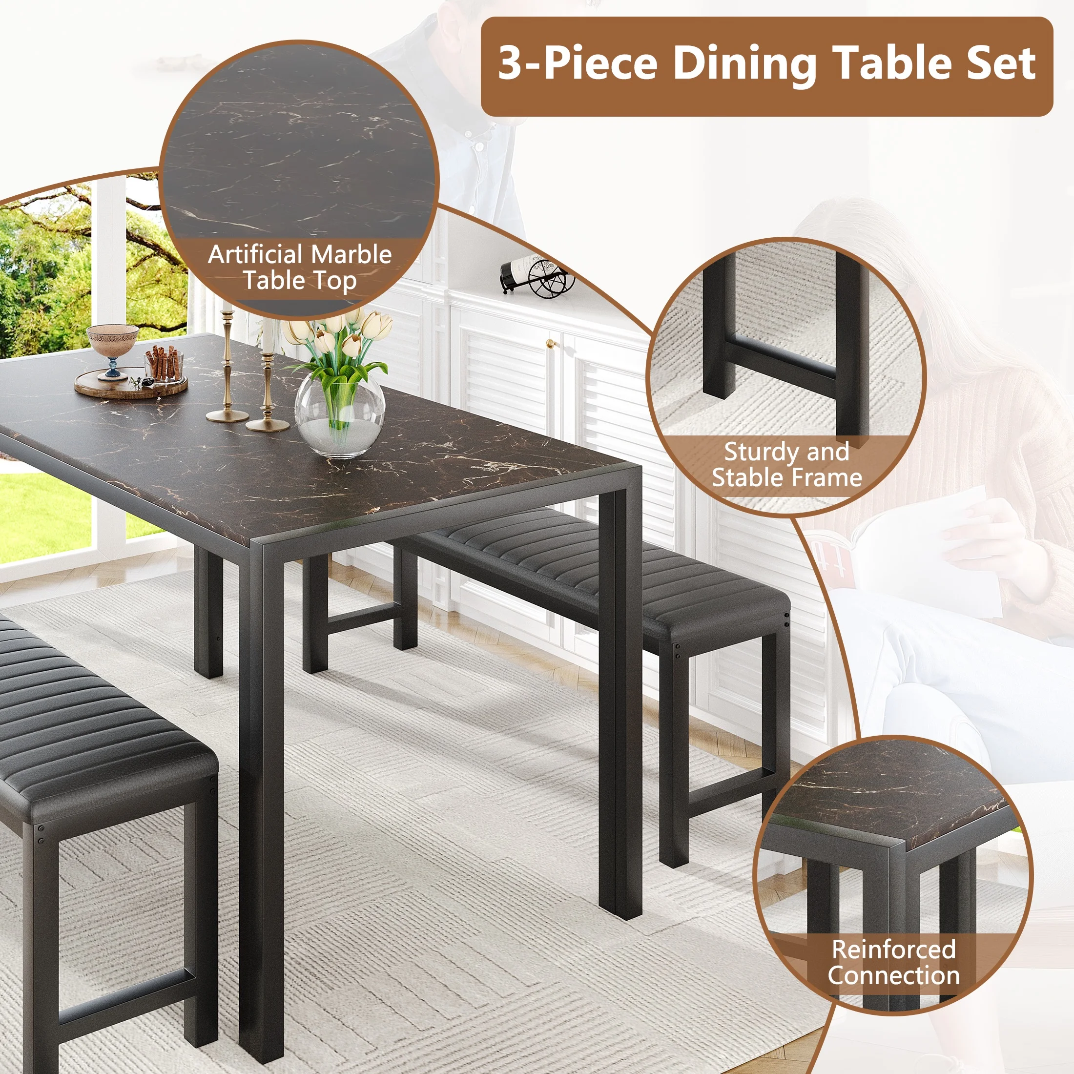 UHOMEPRO Dining Room Table Set, 3-Piece Dining Table Set with 2 Benches, Kitchen Table Set for 4 with Metal Frame, Modern Dining Room Set Furniture Set for Bar Dining Room Breakfast Nook, Black