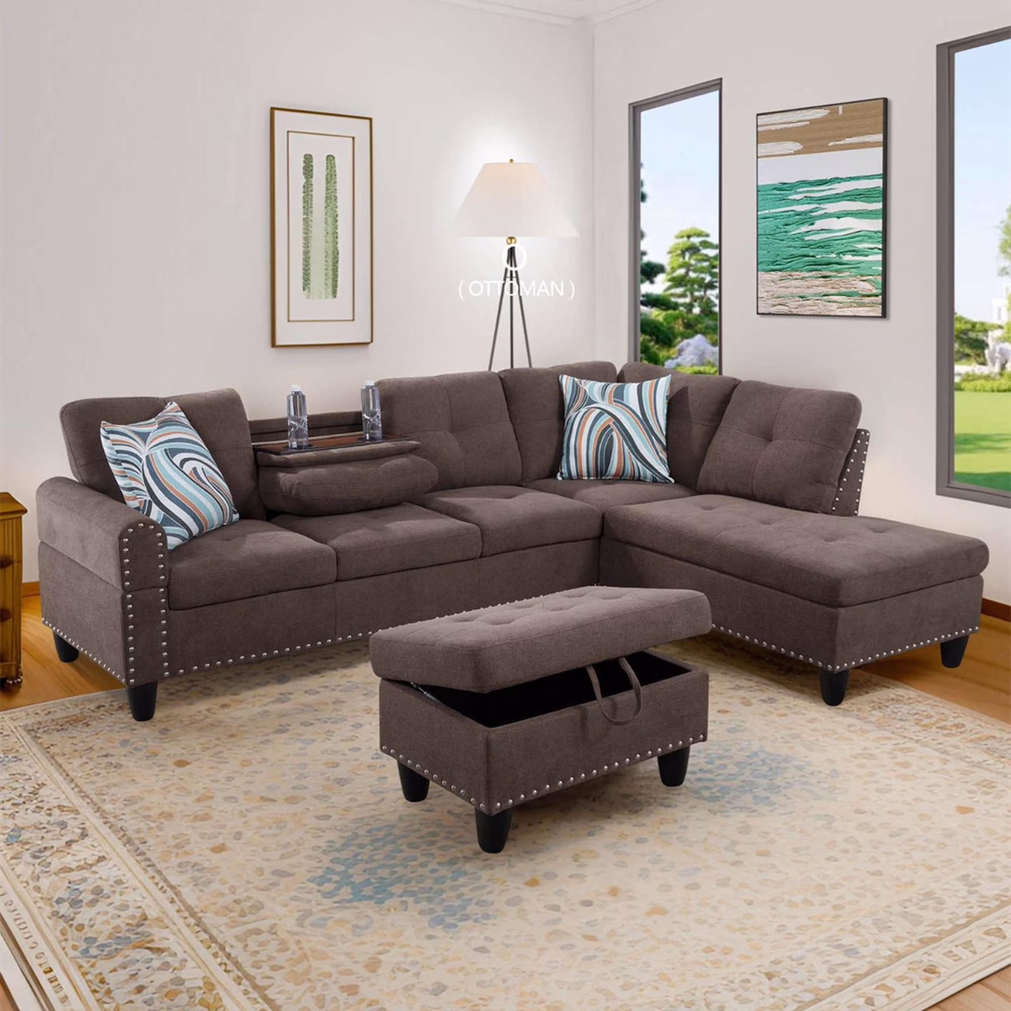 Aukfa 3 Piece Sectional Sofa, Living Room Couch with Storage Ottoman&Cup Holder, Linen, Left Hand, Black Gray