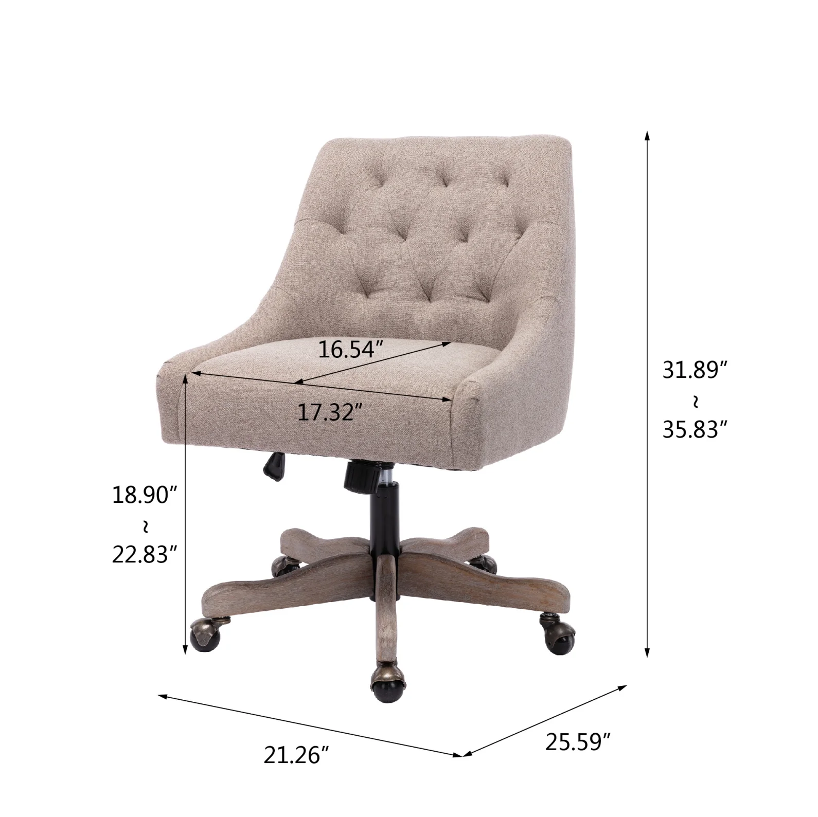 360 Degree Swivel Office Desk Chair, Upholstered Leisure Vanity Chair with Solid Wood Base and Wheels, Adjustable Height Computer Chair for Bedroom Living Room, Brown