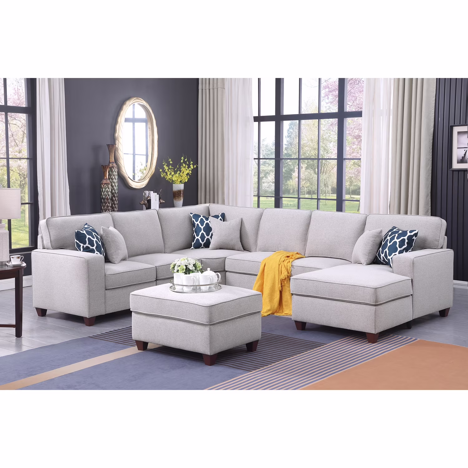 Devion Furniture 7-Piece Upholstered Modern Fabric Sectional in Light Gray