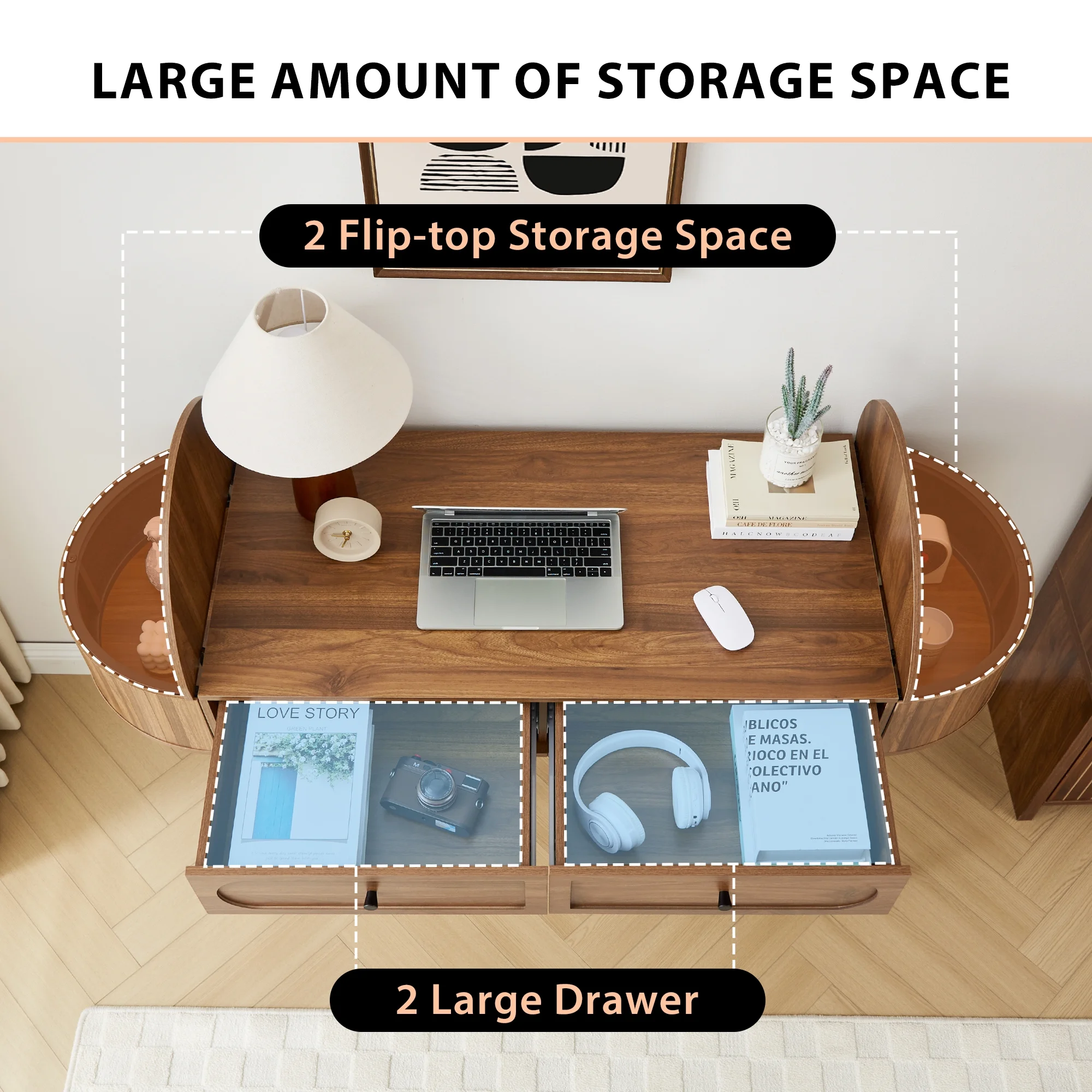 YOCWO Modern Home Office Desk with  2 Drawers and 2 Fflip-top Storage, Oval Computer PC Desk Table, Vanity Desk with Fluted Curved Table Edge, Walnut