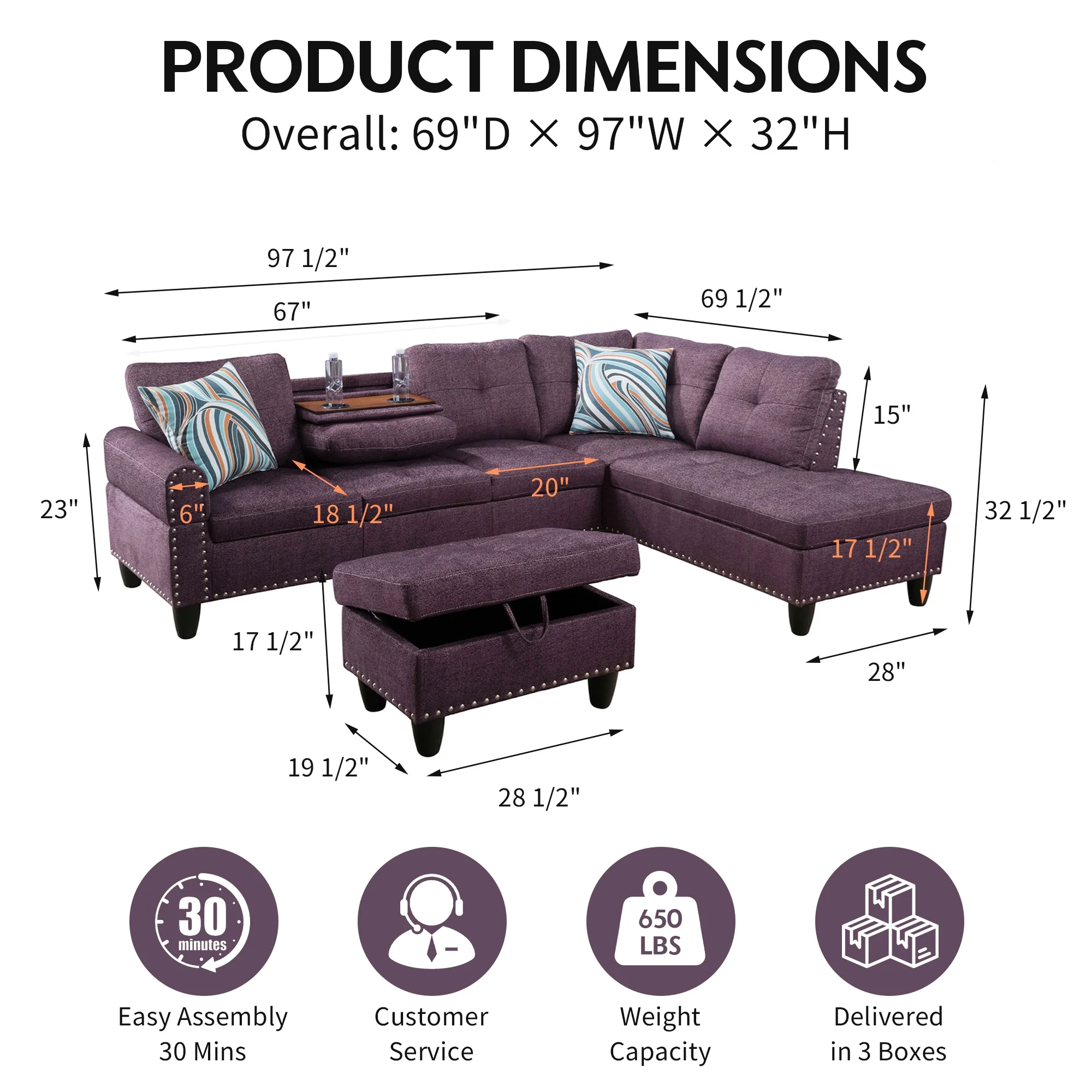 Aukfa 3 Piece Sectional Sofa, Living Room Couch with Storage Ottoman&Cup Holder, Linen, Left Hand, Black Gray