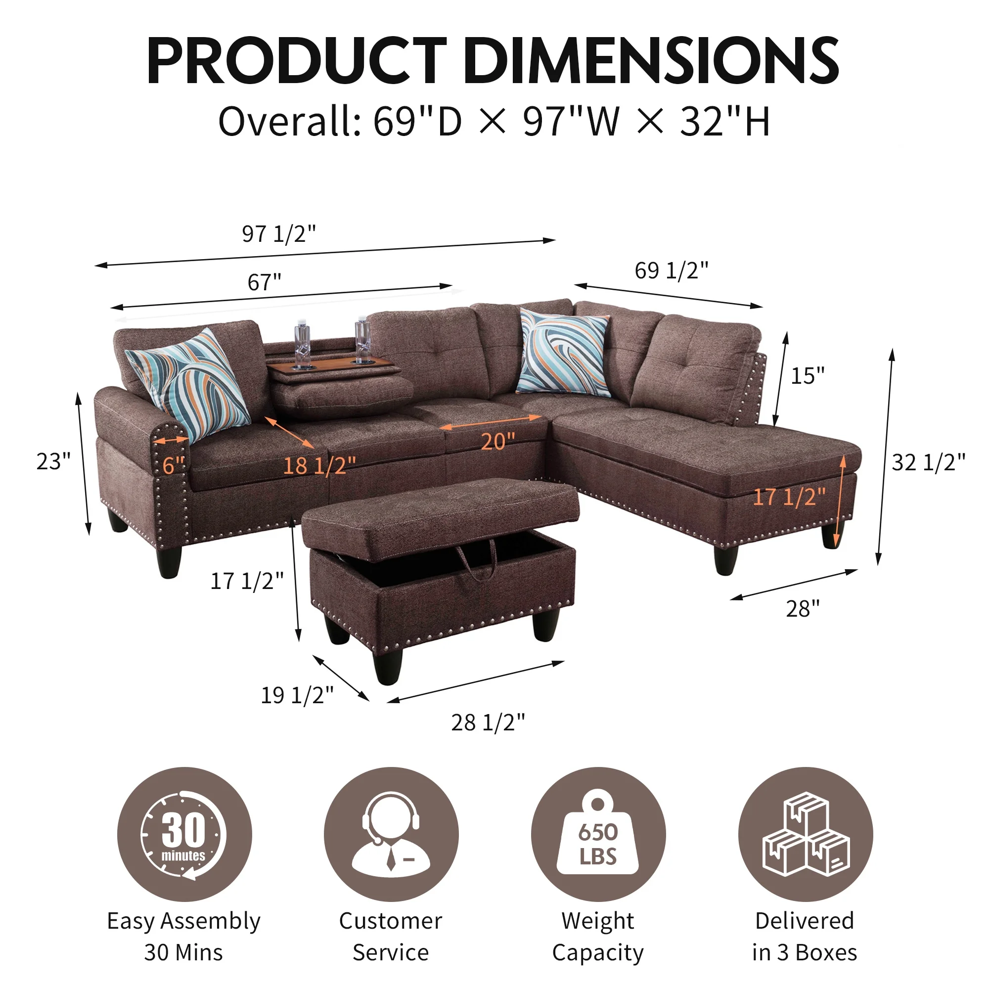 Aukfa 3 Piece Sectional Sofa, Living Room Couch with Storage Ottoman&Cup Holder, Linen, Left Hand, Black Gray